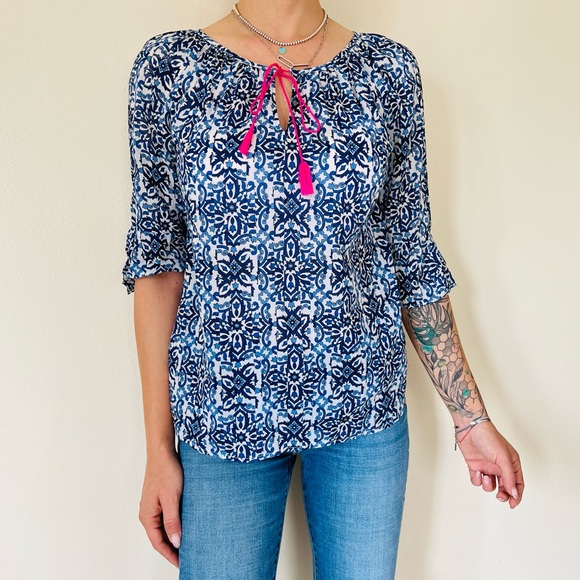 Milly For Design Nation Tassel boho bell sleeve Mosaic Tile Printed blouse Top - Picture 3 of 8